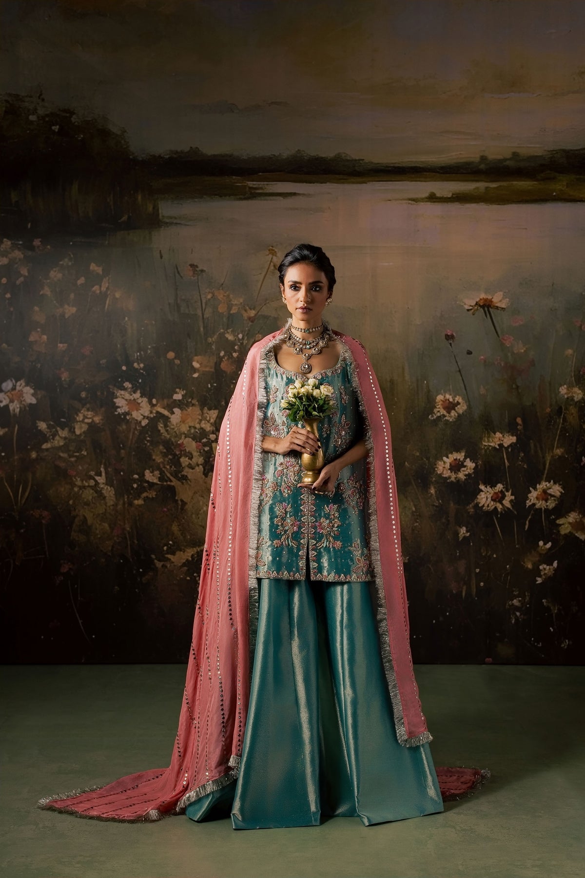 Zonaira Ahmed Firouzeh turquoise wedding formal, front view, styled with a peach-pink mukesh dupatta draped over the shoulders