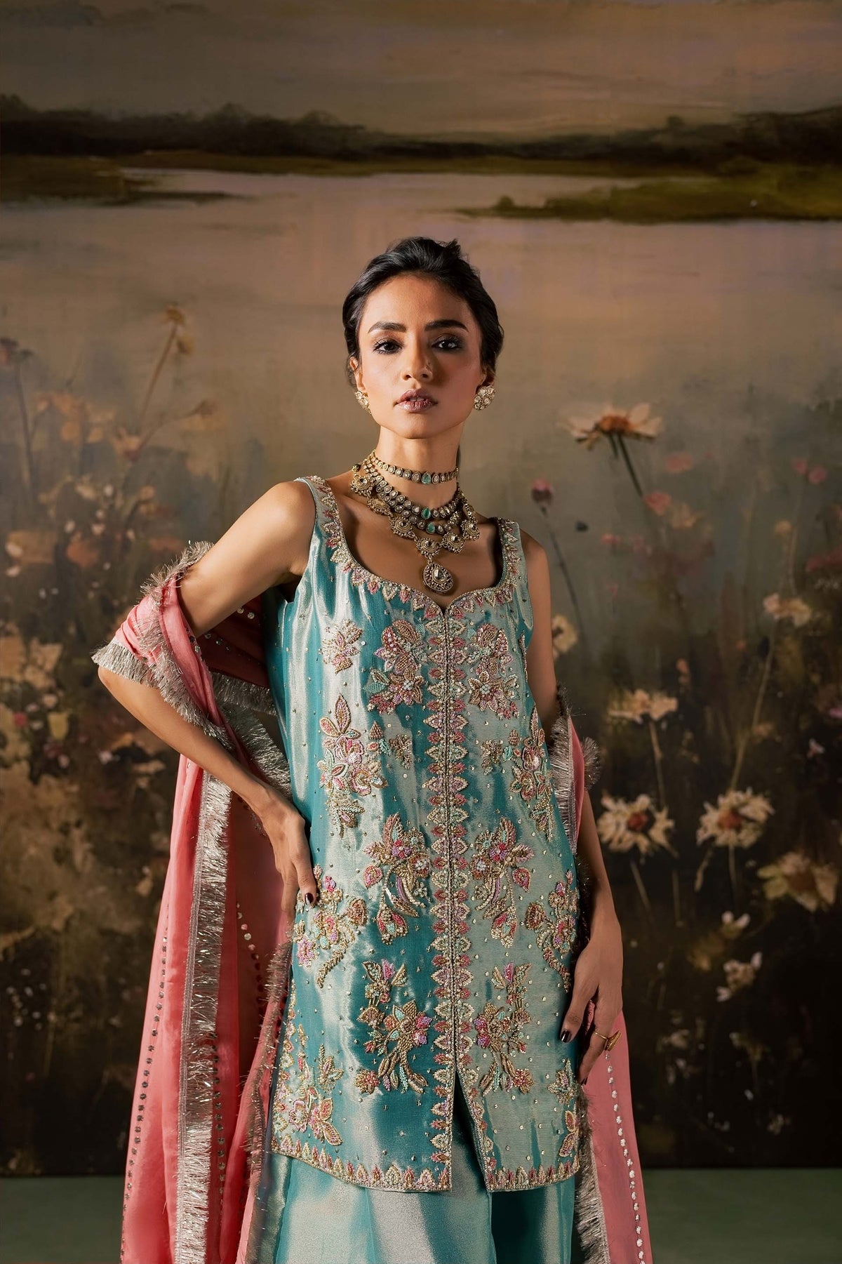 Close front view of the Firouzeh turquoise silk kurta showing hand-embellished floral embroidery in pearls, sequins, and kora dabka