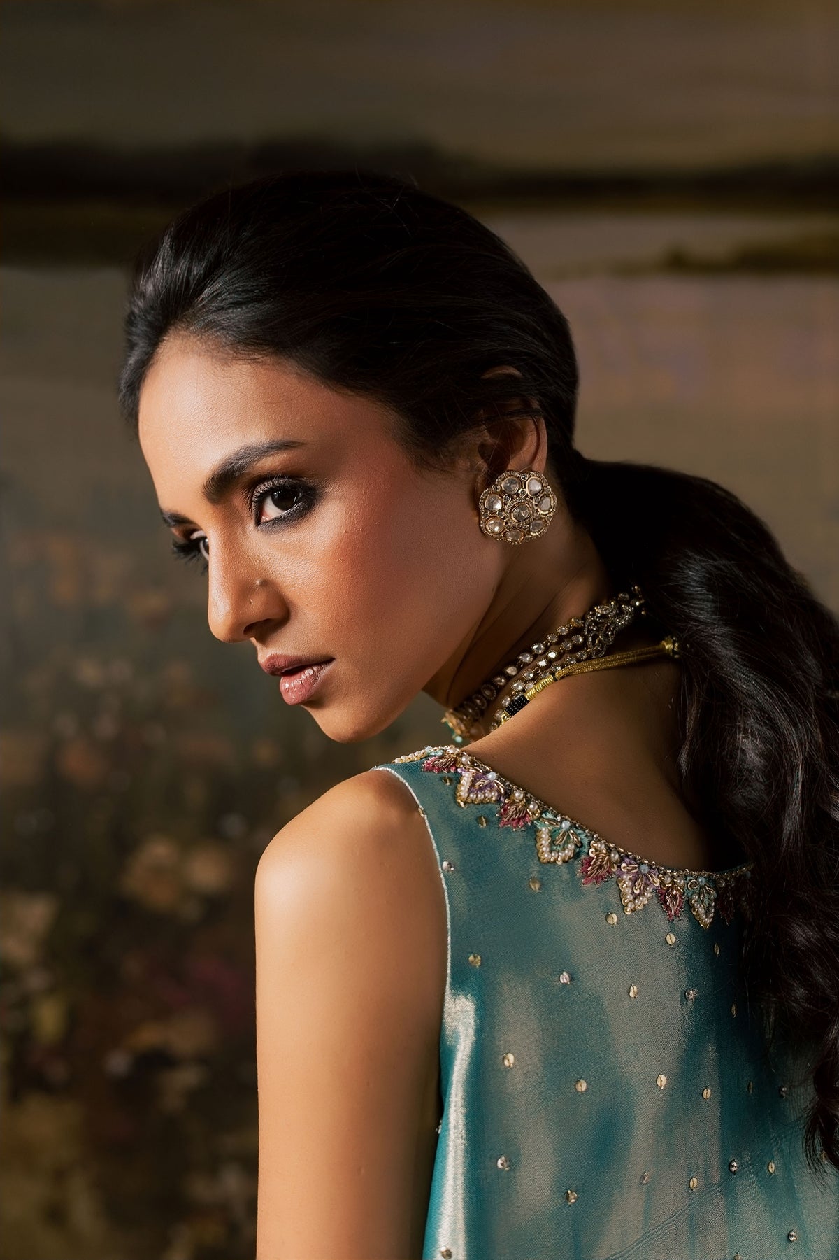 Close-up of the embellished back neckline of the Firouzeh kurta with pearl and crystal detailing