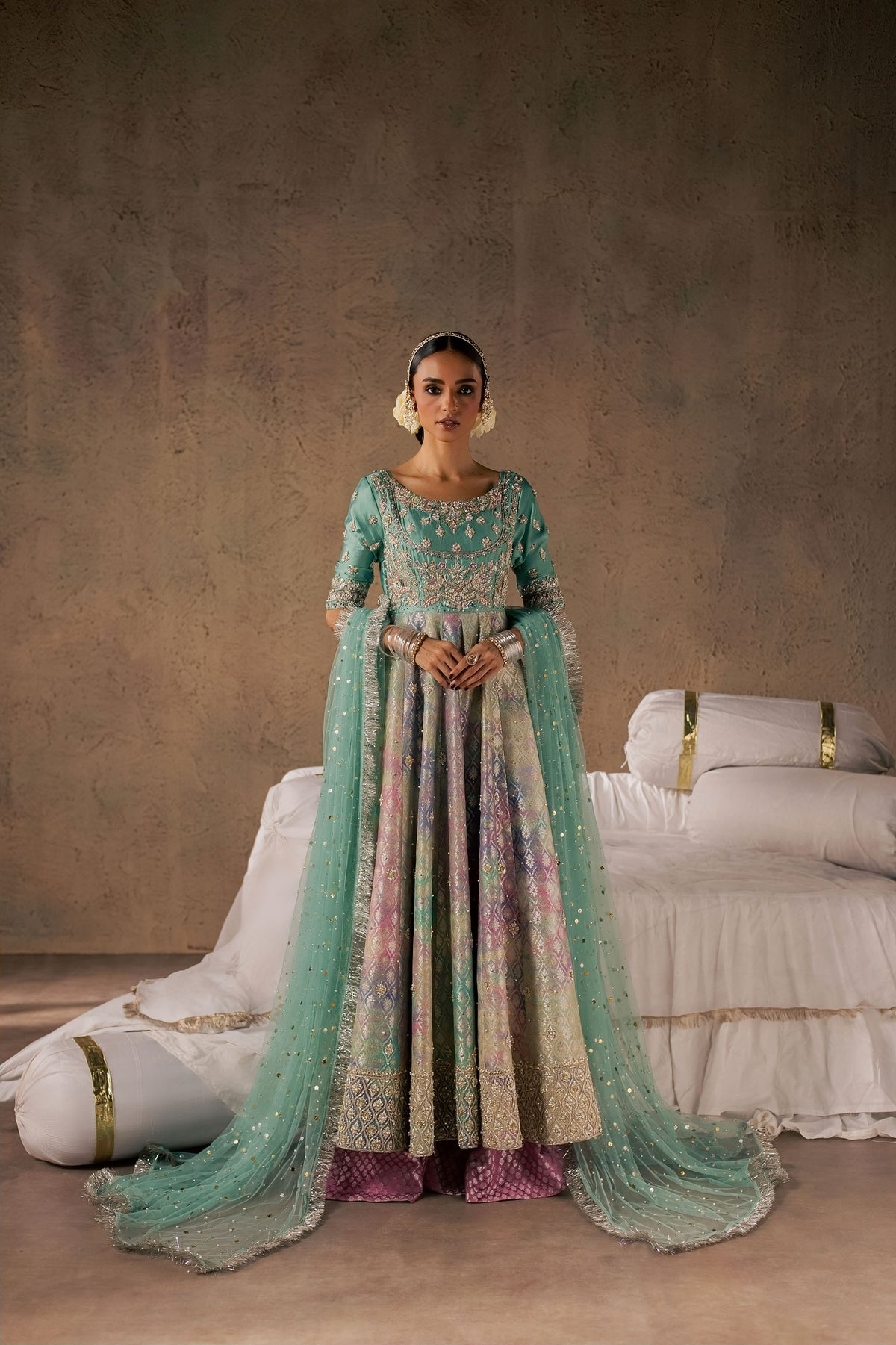 Zonaira Ahmed Gulrukh teal wedding formal 3-piece – full front view with hands clasped, dupatta spread wide