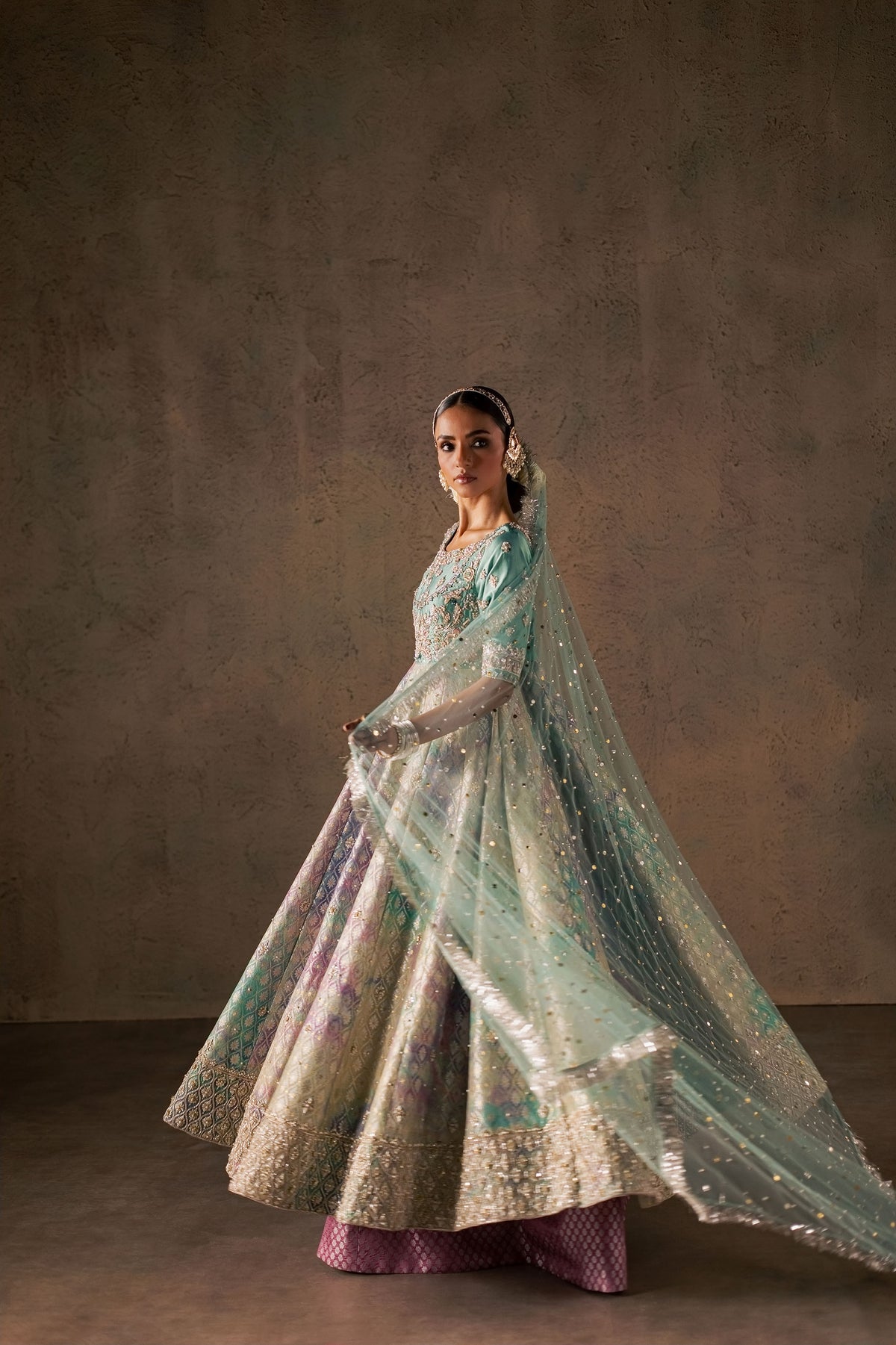 Zonaira Ahmed Gulrukh teal wedding formal 3-piece – twirling front view with sheer dupatta and full skirt flare
