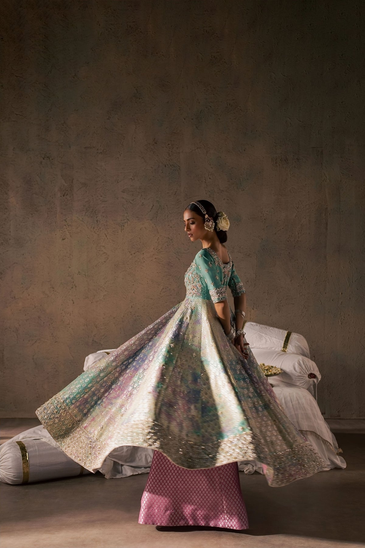 Zonaira Ahmed Gulrukh teal wedding formal 3-piece – twirling back view with skirt flared, pink underlayer visible