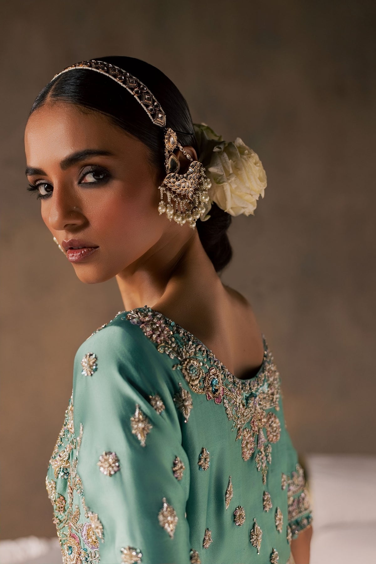 Zonaira Ahmed Gulrukh teal wedding formal 3-piece – close-up of the headpiece, earring, and neckline embroidery