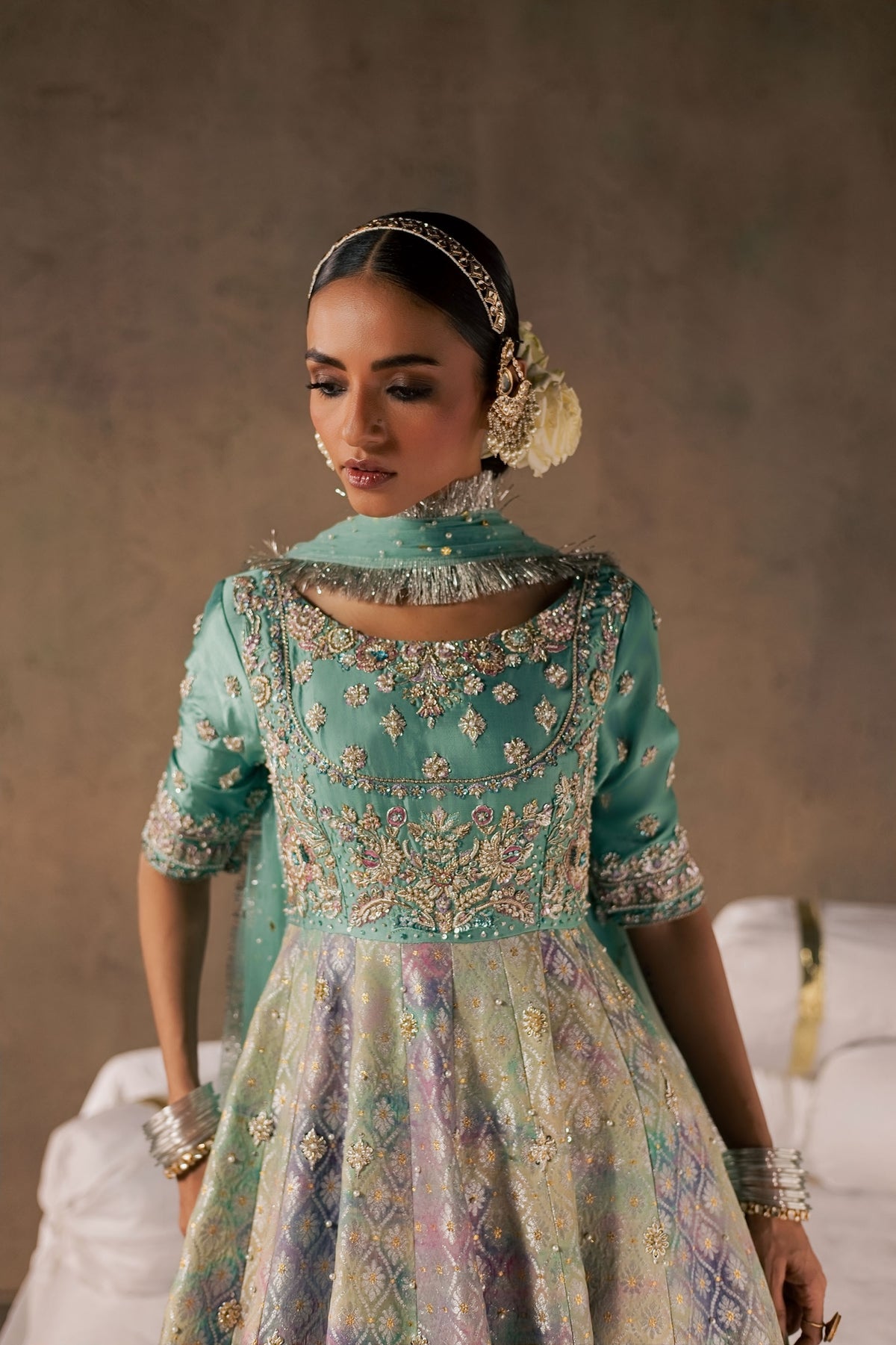 Zonaira Ahmed Gulrukh teal wedding formal 3-piece – close-up of embroidered choli bodice with pearl choker detail
