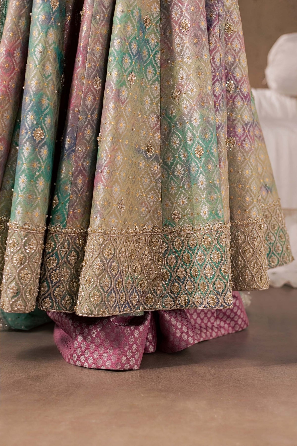 Zonaira Ahmed Gulrukh teal wedding formal 3-piece – close-up of the floral hem embroidery and fabric border detail