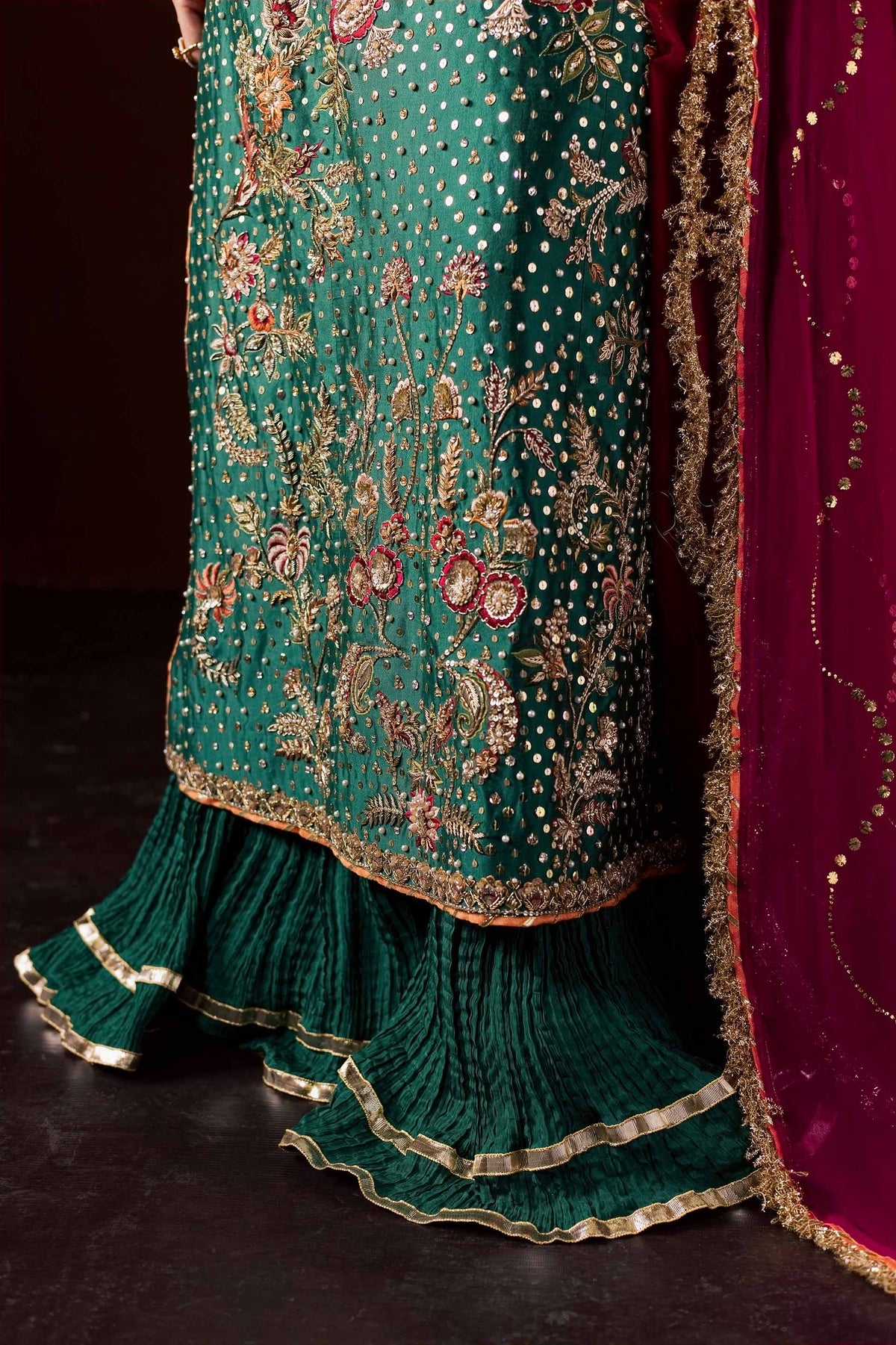 Zonaira Ahmed Haya emerald green maroon wedding formal 3-piece – hem and skirt embroidery detail close-up
