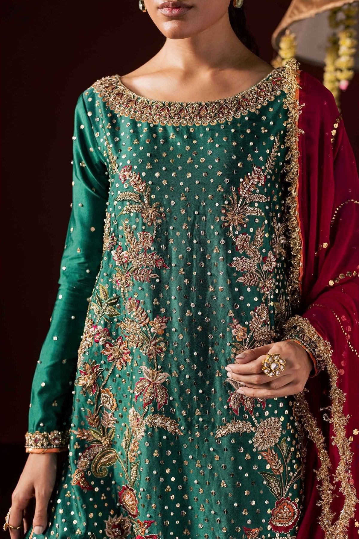 Zonaira Ahmed Haya emerald green maroon wedding formal 3-piece – bodice and neckline embroidery close-up