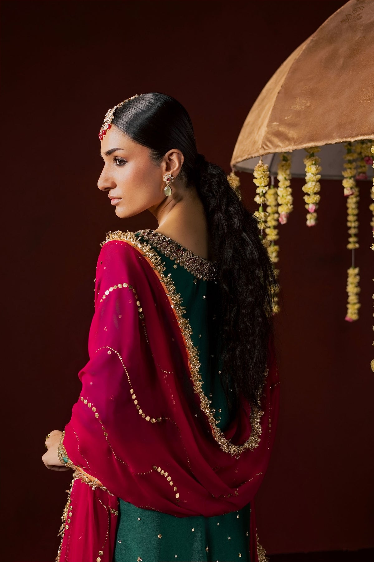 Zonaira Ahmed Haya emerald green maroon wedding formal 3-piece – side profile with dupatta draped over shoulder