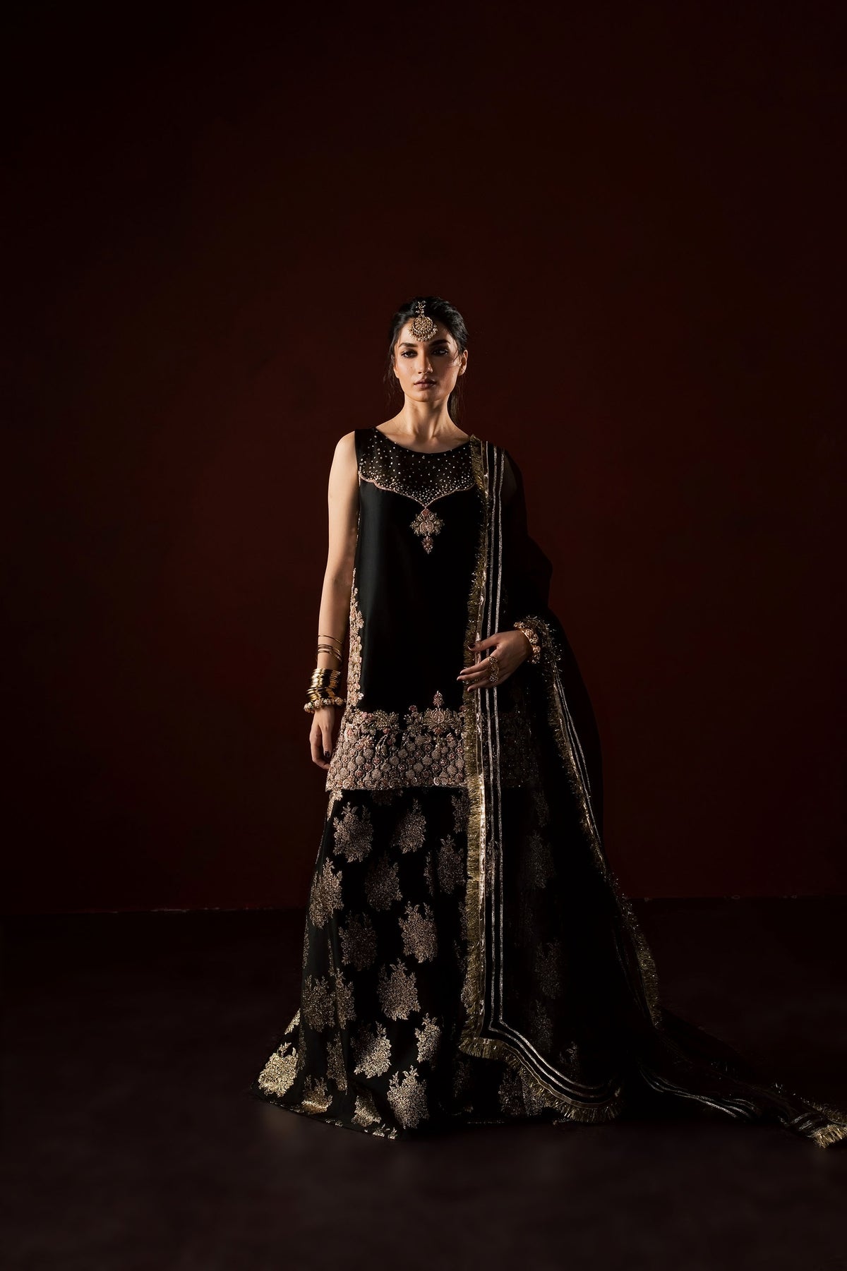 Zonaira Ahmed Laila black gold wedding formal 3-piece – full-length front view standing straight