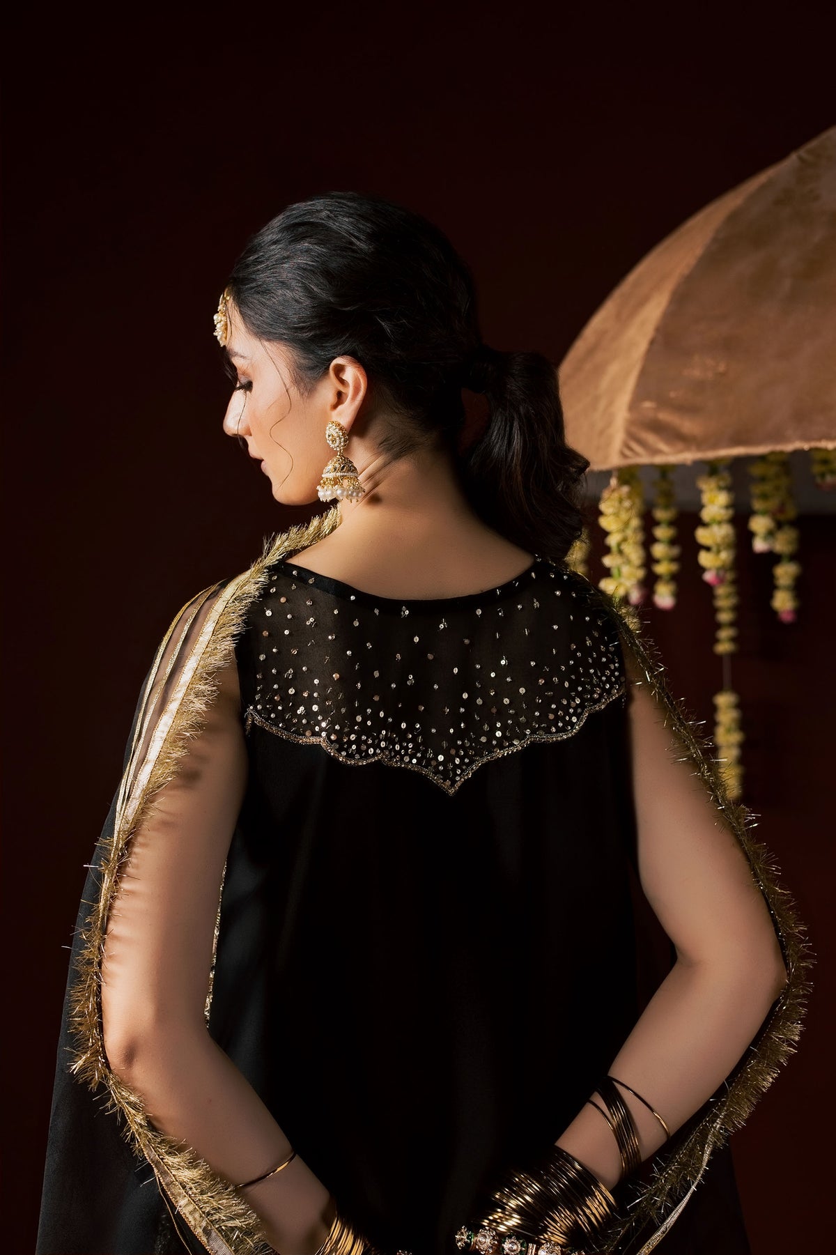 Zonaira Ahmed Laila black gold wedding formal 3-piece – back neckline sequin and pearl embellishment close-up