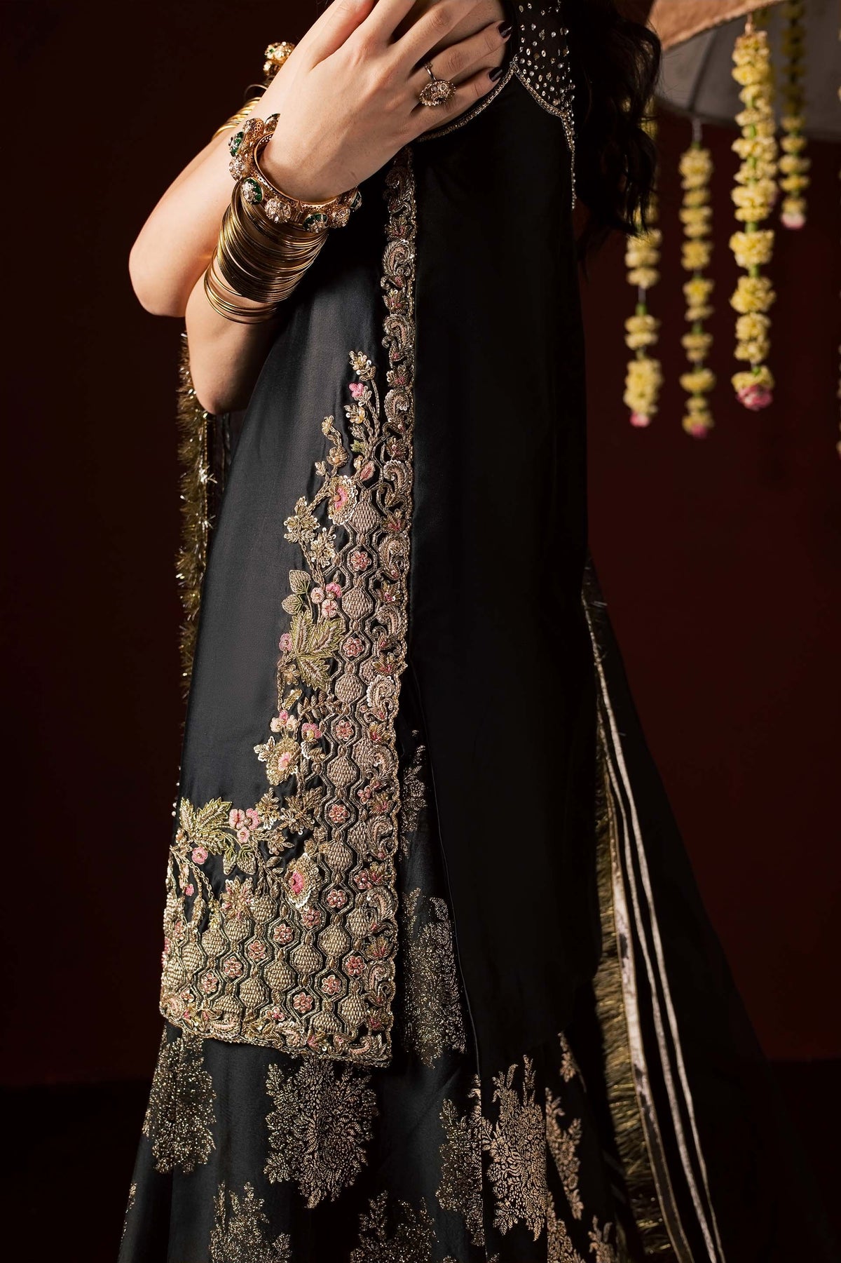 Zonaira Ahmed Laila black gold wedding formal 3-piece – side view of gold embroidered border and dupatta drape