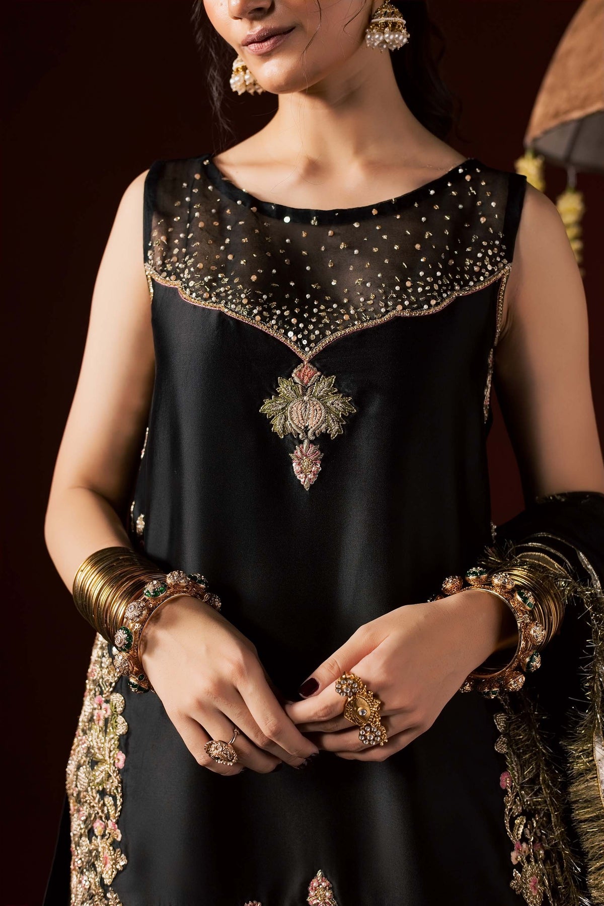 Zonaira Ahmed Laila black gold wedding formal 3-piece – sheer sequin neckline and gold pendant bodice embroidery close-up
