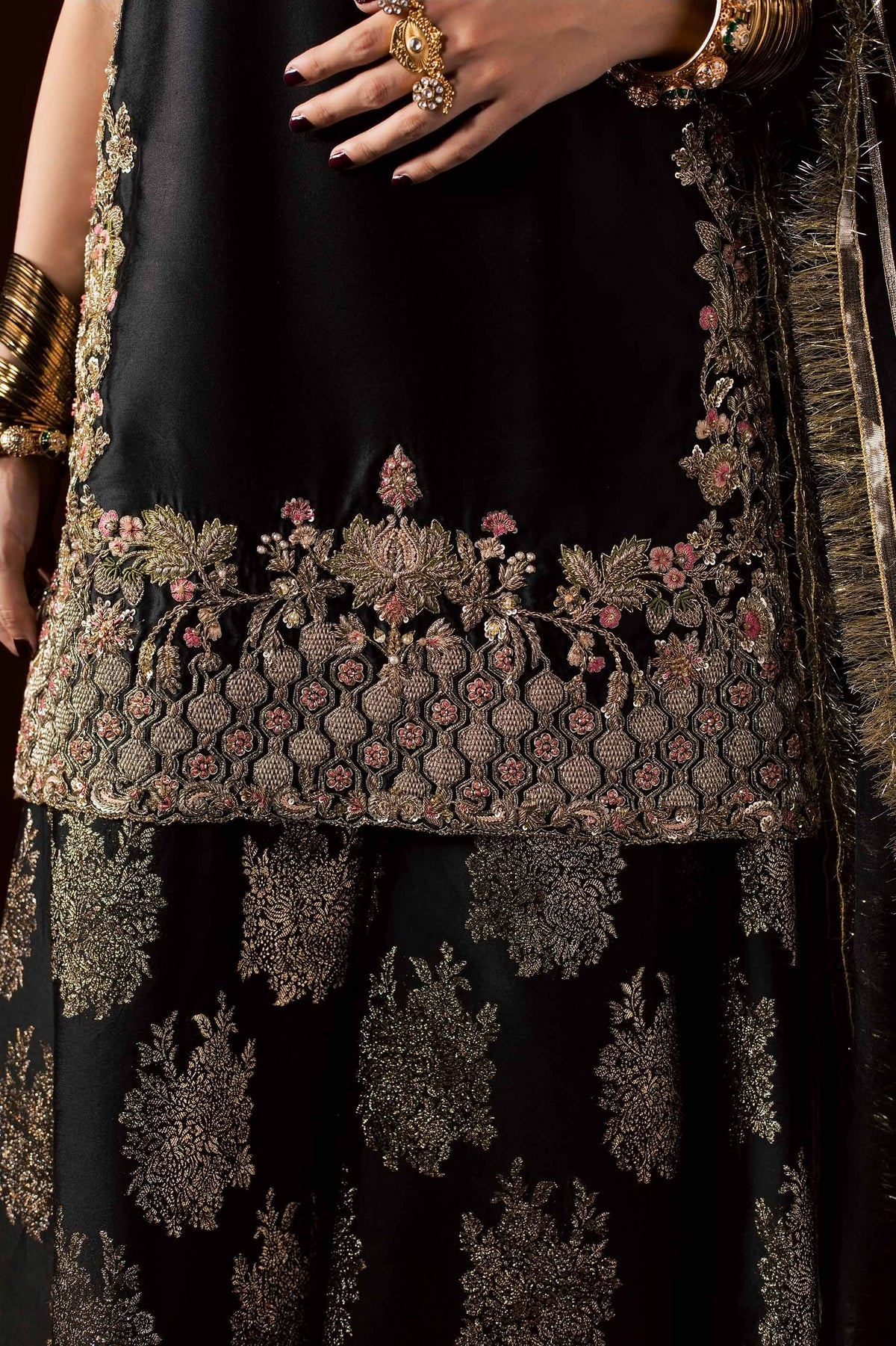 Zonaira Ahmed Laila black gold wedding formal 3-piece – hem embroidery detail close-up