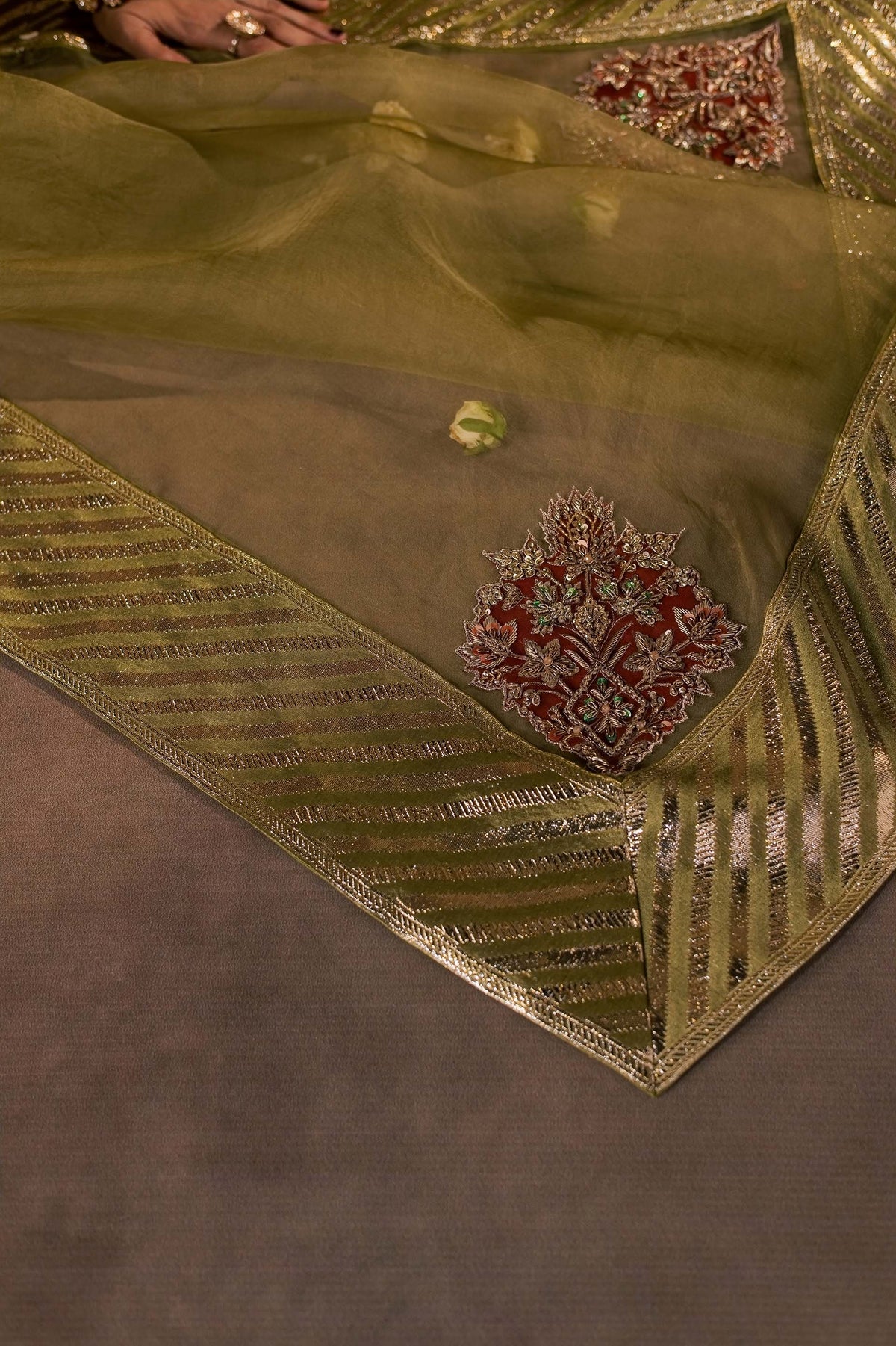 Zonaira Ahmed Mehr rust gold wedding formal 3-piece – extreme close-up of the dupatta corner embroidery patch and striped gold border