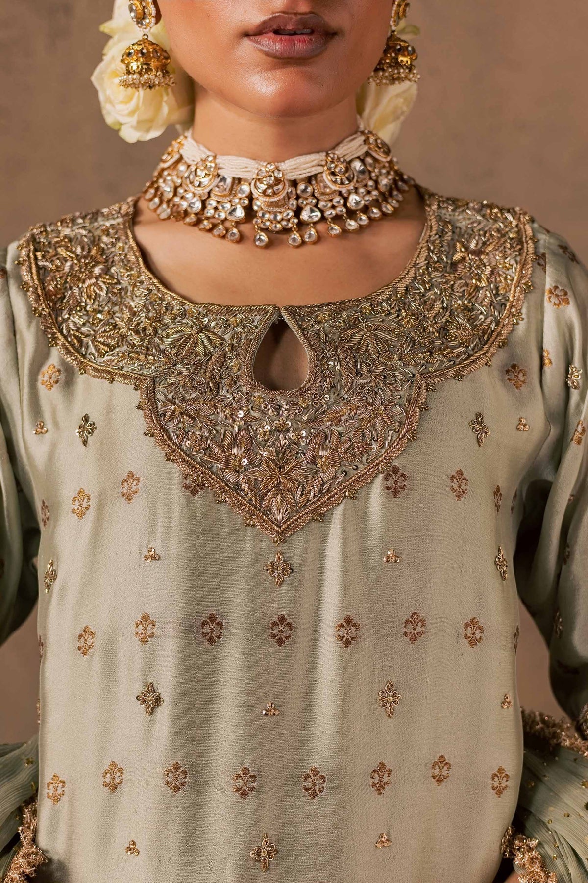Zonaira Ahmed Naaz sage green wedding formal 3-piece – extreme close-up of the choker and embellished neckline