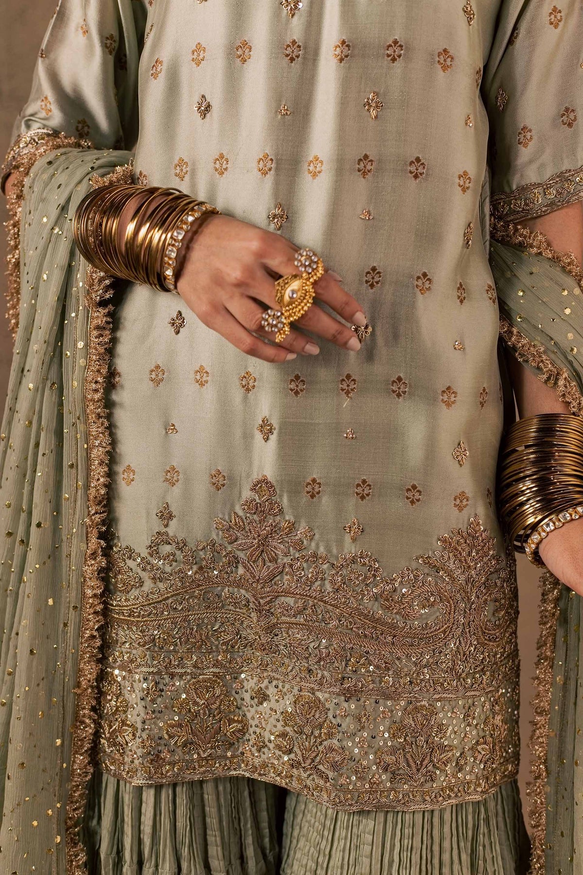 Zonaira Ahmed Naaz sage green wedding formal 3-piece – close-up of the hem embroidery and gold bangles