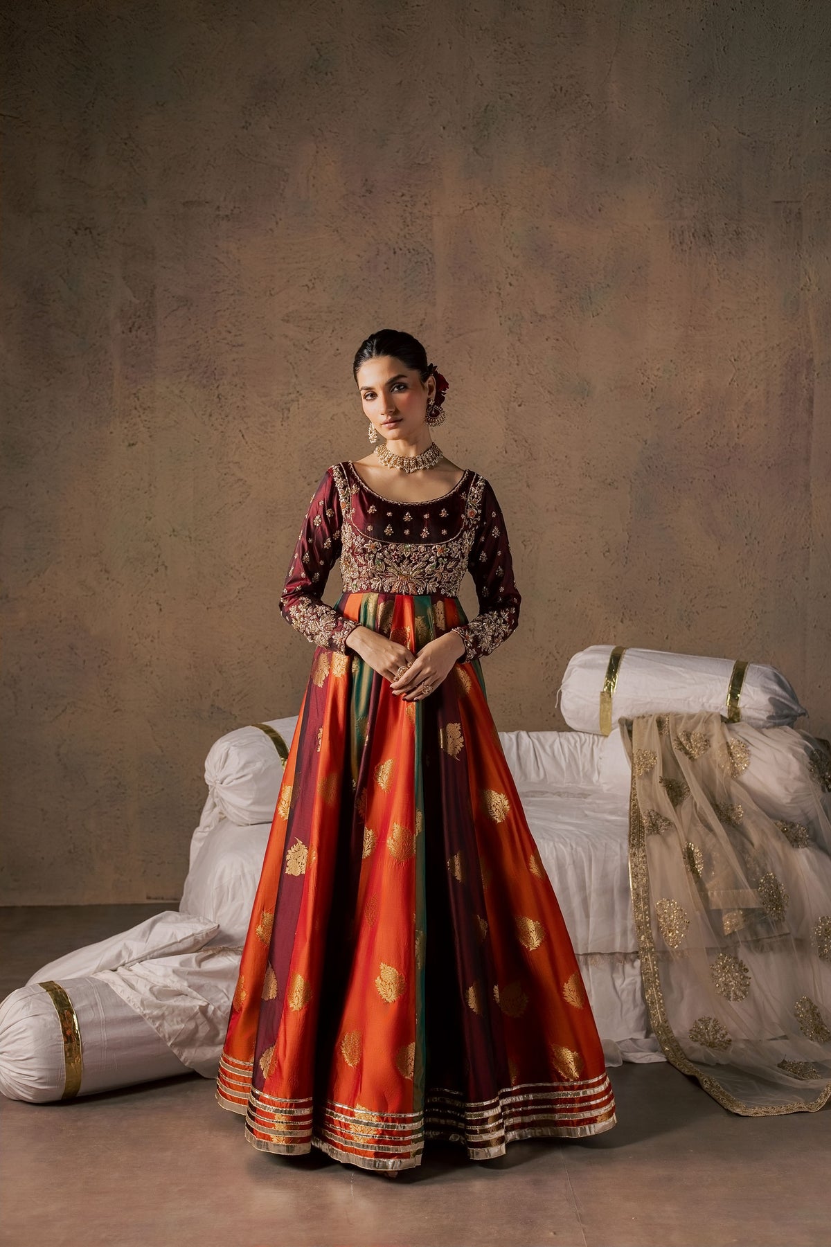 Zonaira Ahmed Naurang maroon multicolor wedding formal 3-piece – full front view with hands clasped