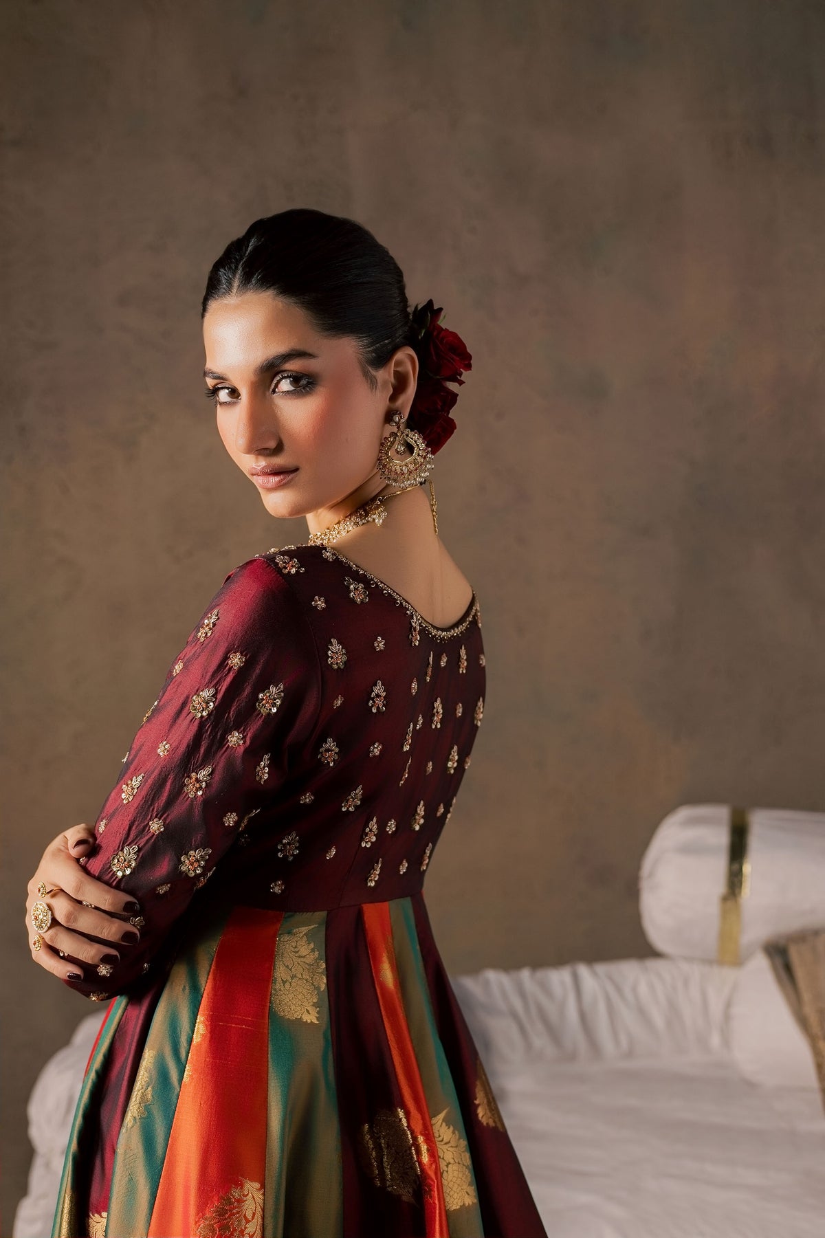 Zonaira Ahmed Naurang maroon multicolor wedding formal 3-piece – close-up of the back bodice embroidery and earring
