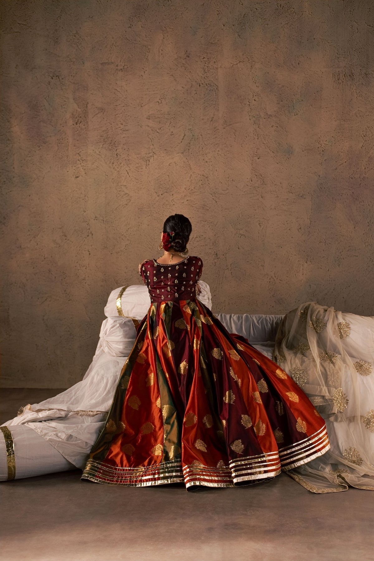 Zonaira Ahmed Naurang maroon multicolor wedding formal 3-piece – full back view showing the skirt and embroidered bodice