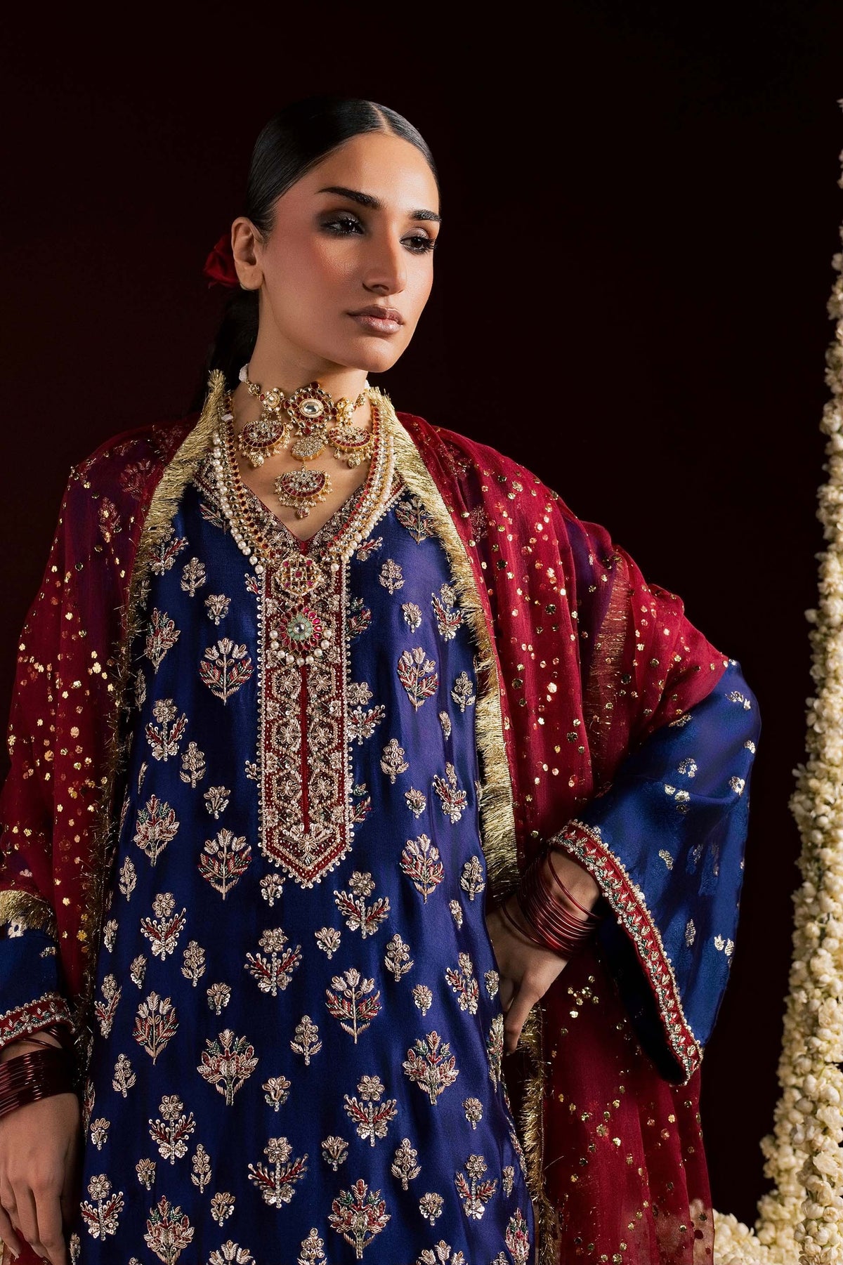 Zonaira Ahmed Nayab navy blue wedding formal 3-piece – close-up embroidery detail showing kora dabka, sequin, and French knot handwork with red dupatta