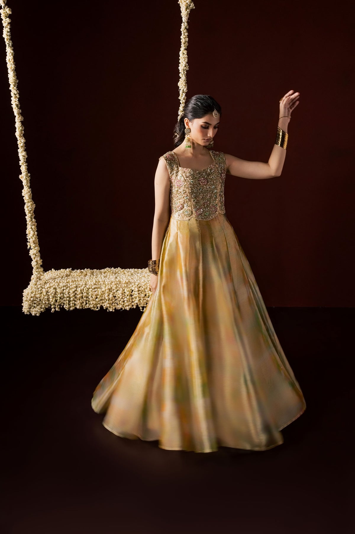 Zonaira Ahmed Nooré gold ombre wedding formal 3-piece – twirling with skirt flared, embroidered bodice fully visible