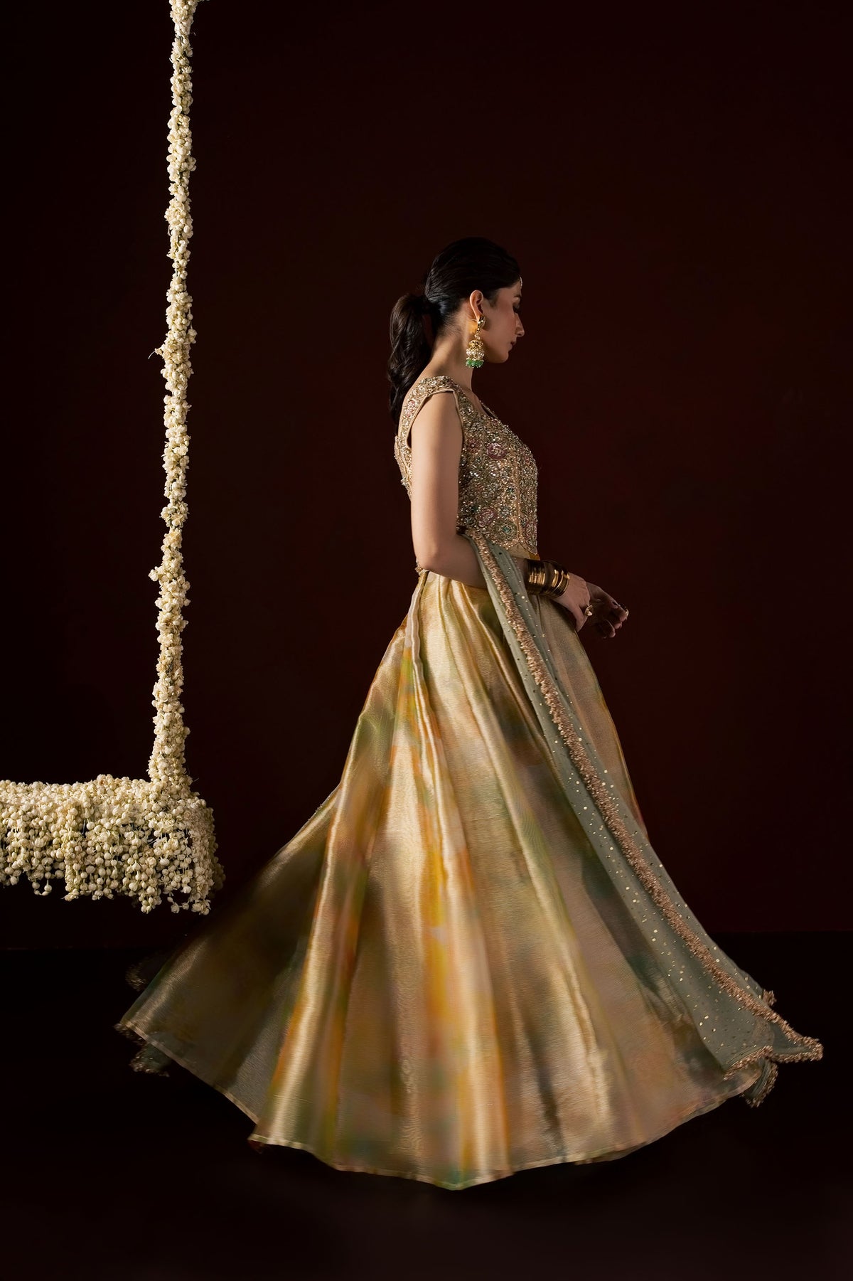Zonaira Ahmed Nooré gold ombre wedding formal 3-piece – side profile standing view with sage dupatta trailing behind