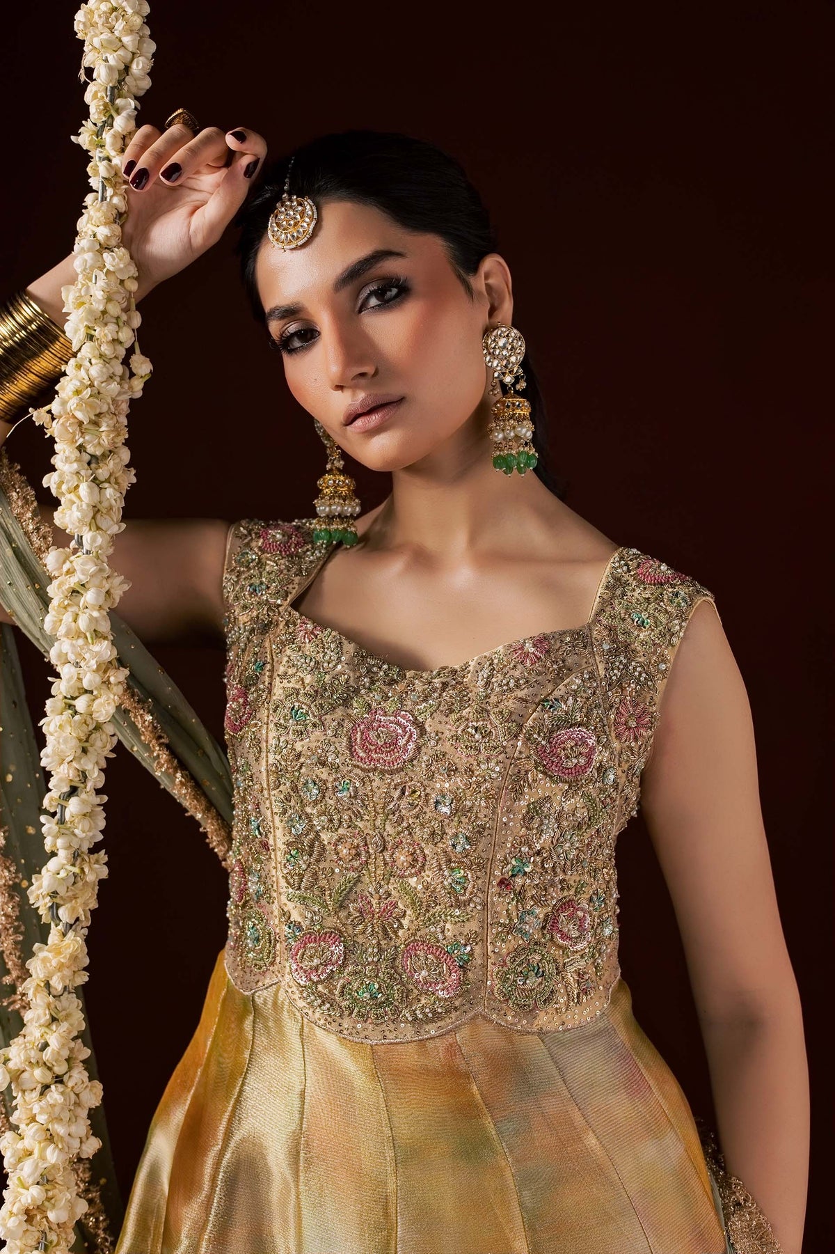 Zonaira Ahmed Nooré gold ombre wedding formal 3-piece – close-up of embroidered floral bodice and jewelry detail