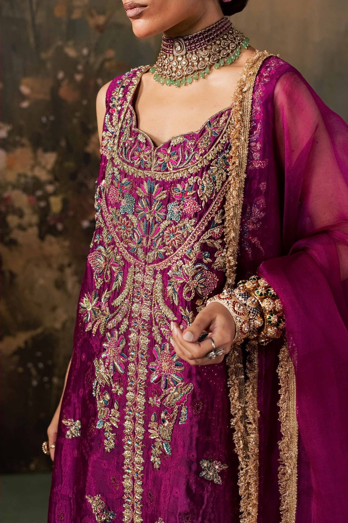 Zonaira Ahmed Rania magenta teal wedding formal 3-piece – close-up of gold zardozi embroidery detail and choker necklace